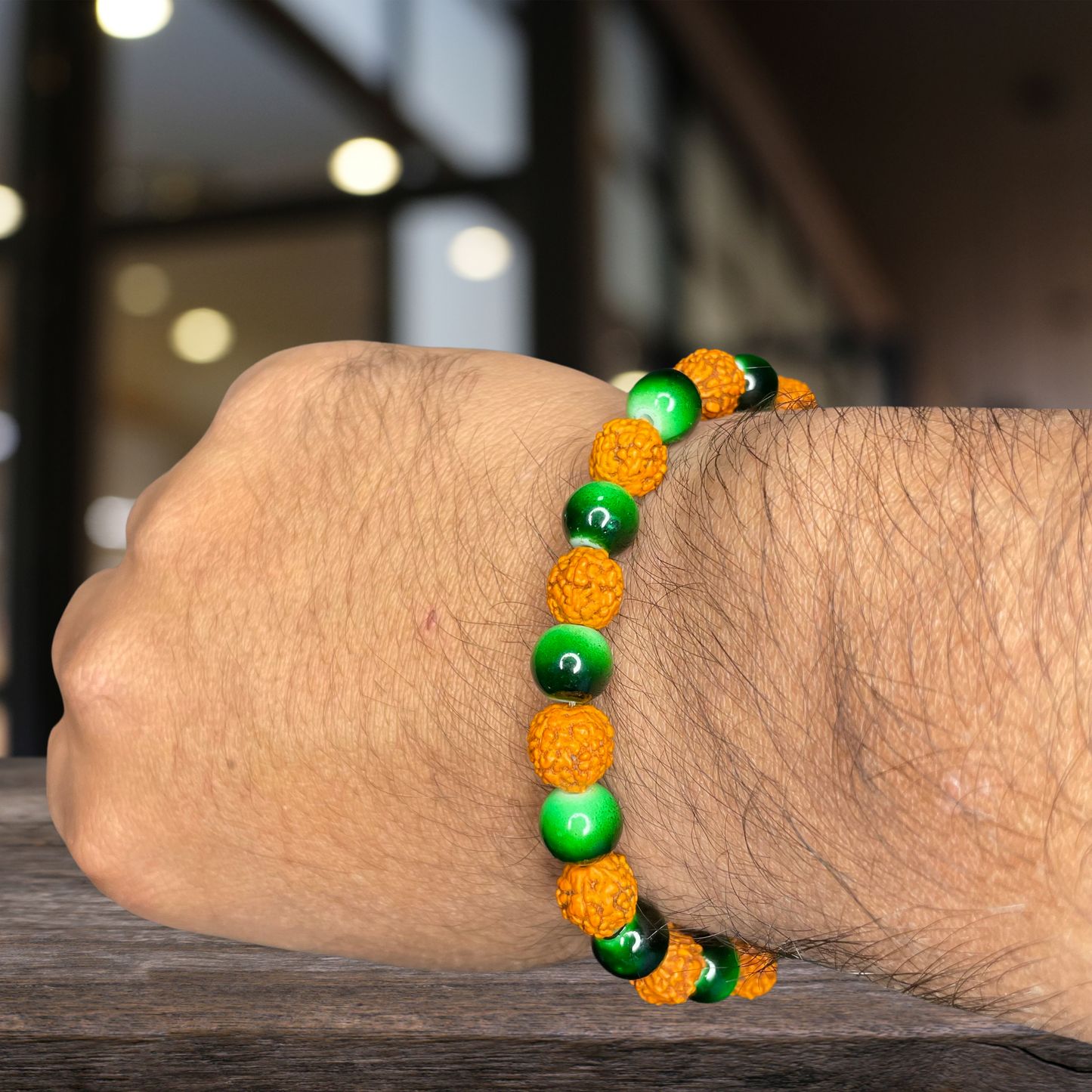 RUDRAKSHA BEEDS WITH GREEN CRISTAL FOR MEN